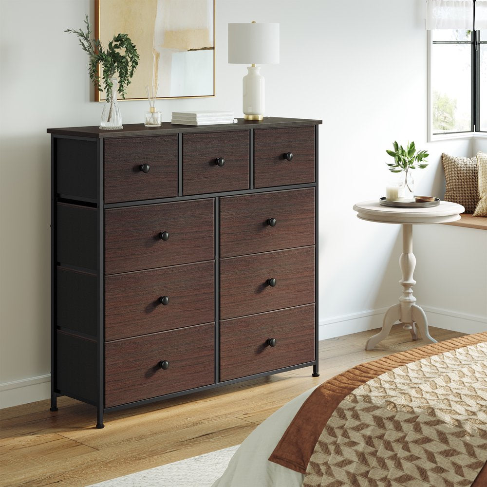 REAHOME 9 Drawers Dresser, Chest of Drawers Fabric Dressers with Leather Finish for Adult Dressers for Bedroom Brown