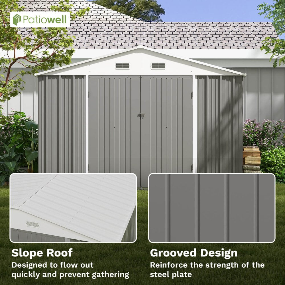 Patiowell Size Upgrade 10 X 10 Ft Outdoor Storage Metal Shed with Sloping Roof and Double Lockable Door, Gray