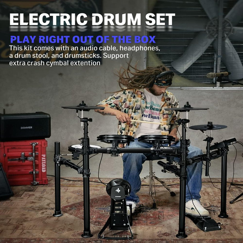 Donner Electronic Drum Set with Quiet Mesh Drum Pads, 2 Cymbals W/Choke, 31 Kits and 450+ Sounds, Throne, Headphones, Sticks, USB MIDI, Melodics Lessons (5 Pads, 4 Cymbals) DED-200