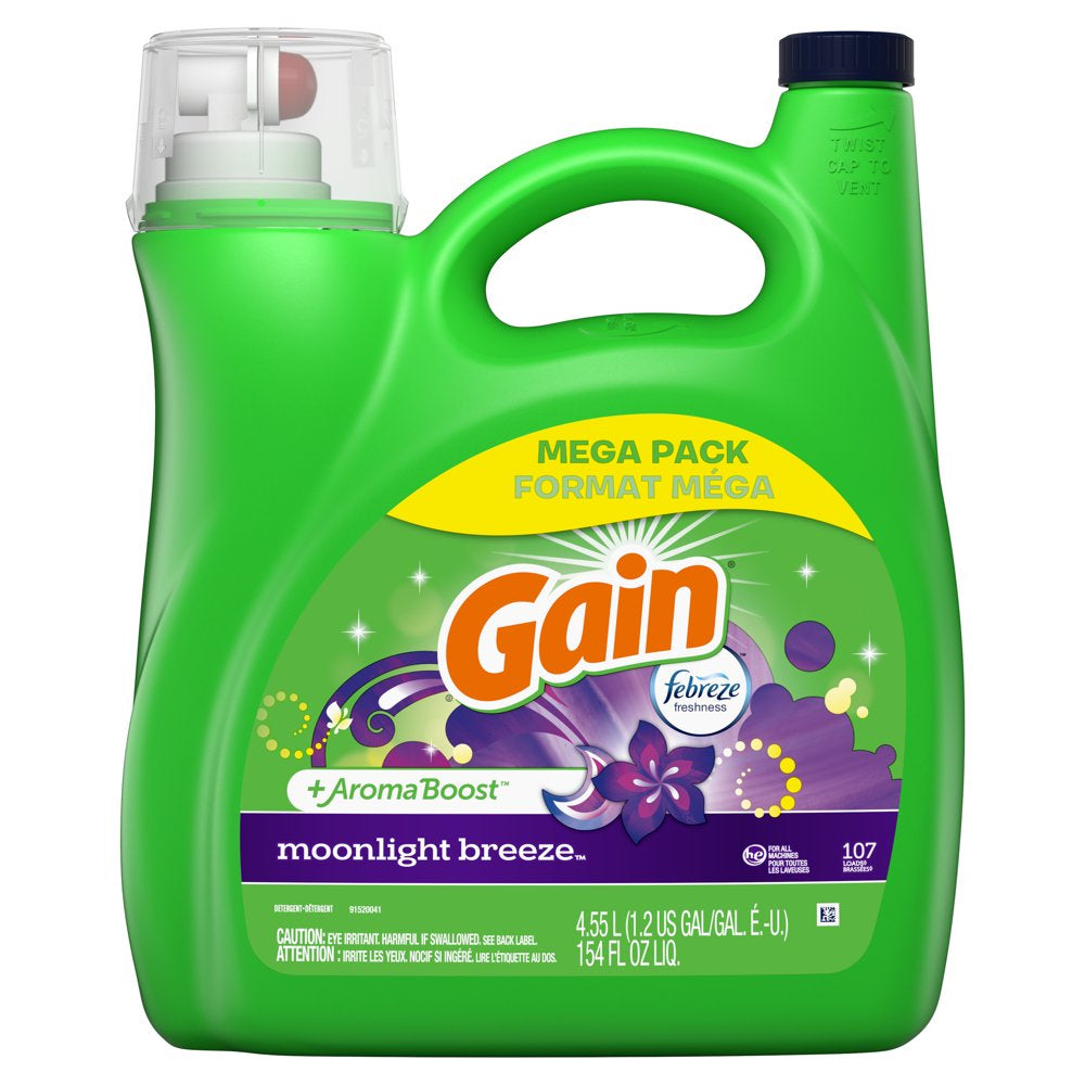 Gain + Aroma Boost Liquid Laundry Detergent, Moonlight Breeze Scent, 107 Loads, 154 Fl Oz, HE Compatible