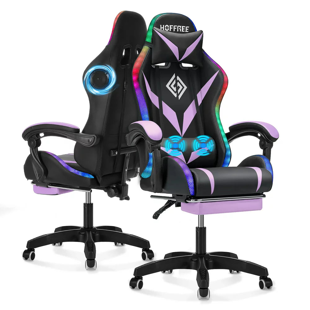 Hoffree Gaming Chair with Bluetooth Speakers Office Chair with Footrest and LED Lights Ergonomic Gaming Chairs High Back with Lumbar Support and Headrest Adjustable Swivel for Home Office,300Lb