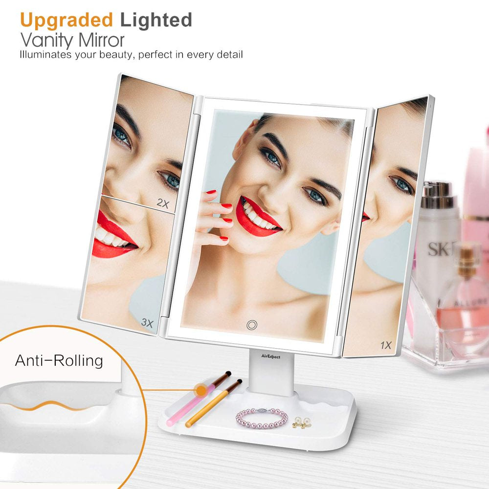 Airexpect 3 Color Lighted 1X 2X 3X Magnification 72LED Lights Touch Control Dual Power Supply Portable Cosmetic Vanity Makeup Mirror, White