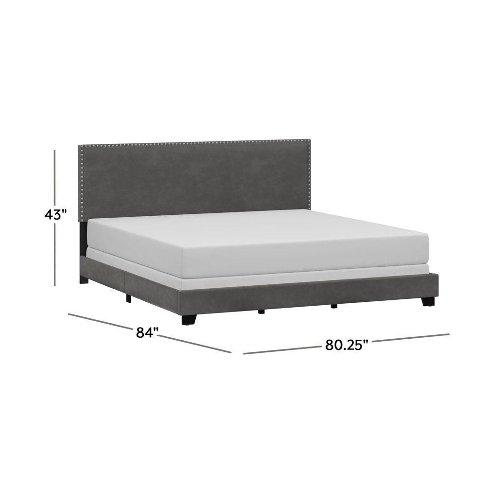 Willow Nail Head Trim Upholstered King Bed, Charcoal Faux Leather, by Hillsdale Living Essentials