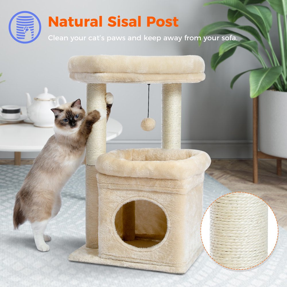 PAWZ Road Cat Tree 27" for Medium Cats Plush Condo and Scratching Posts, Beige