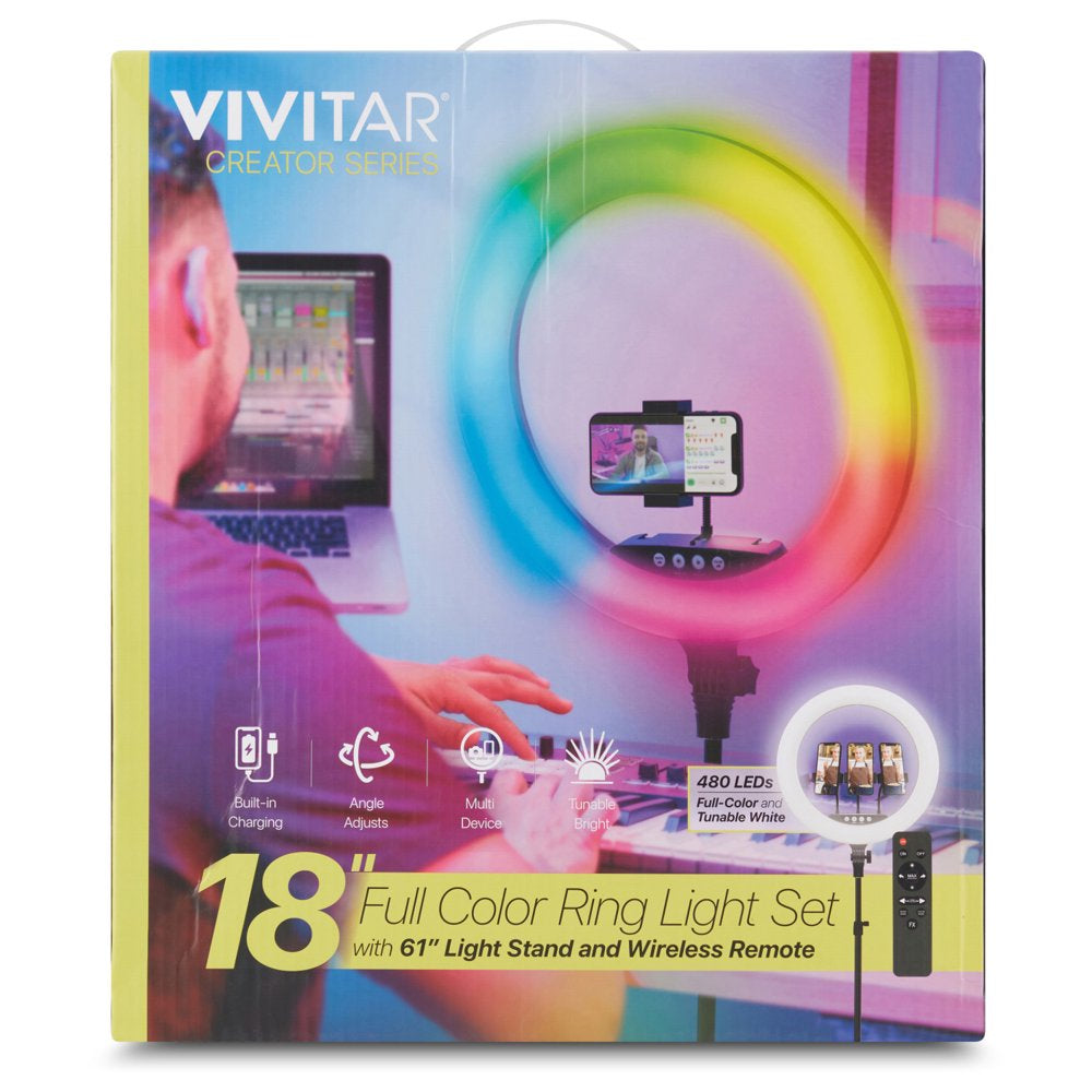 Vivitar 18" LED RGB Ring Light with Tripod, Phone Holder USB Charging Ports, and Wireless Remote