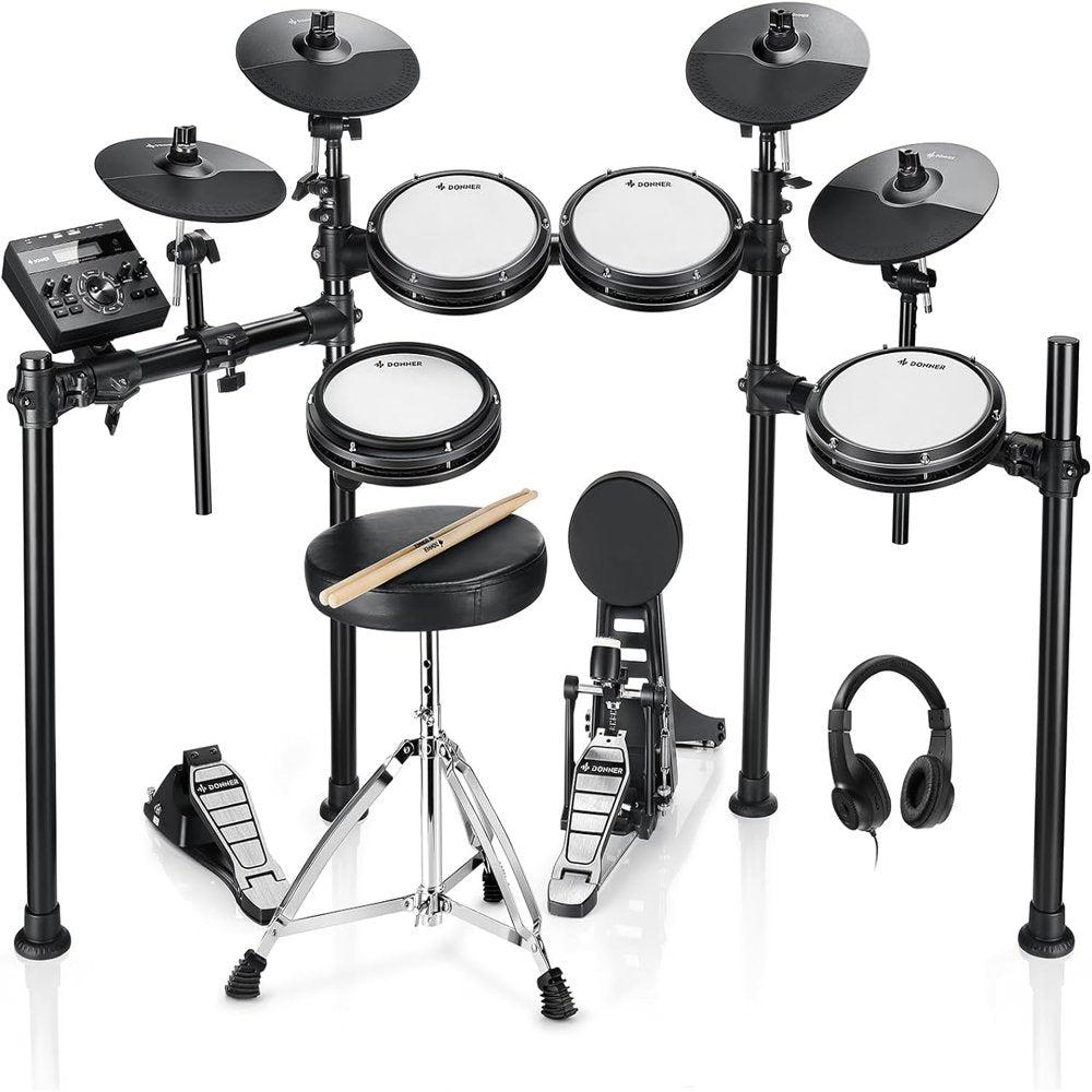 Donner Electronic Drum Set with Quiet Mesh Drum Pads, 2 Cymbals W/Choke, 31 Kits and 450+ Sounds, Throne, Headphones, Sticks, USB MIDI, Melodics Lessons (5 Pads, 4 Cymbals) DED-200