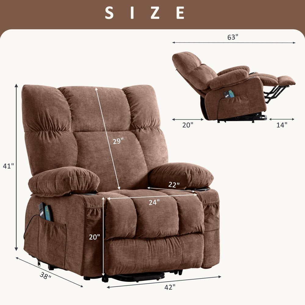 JONPONY Power Lift Recliner Chair Recliners for Elderly with Heat and Massage Recliner Chair for Living Room with Infinite Position and Side Pocket,Usb Charge Port,Brown