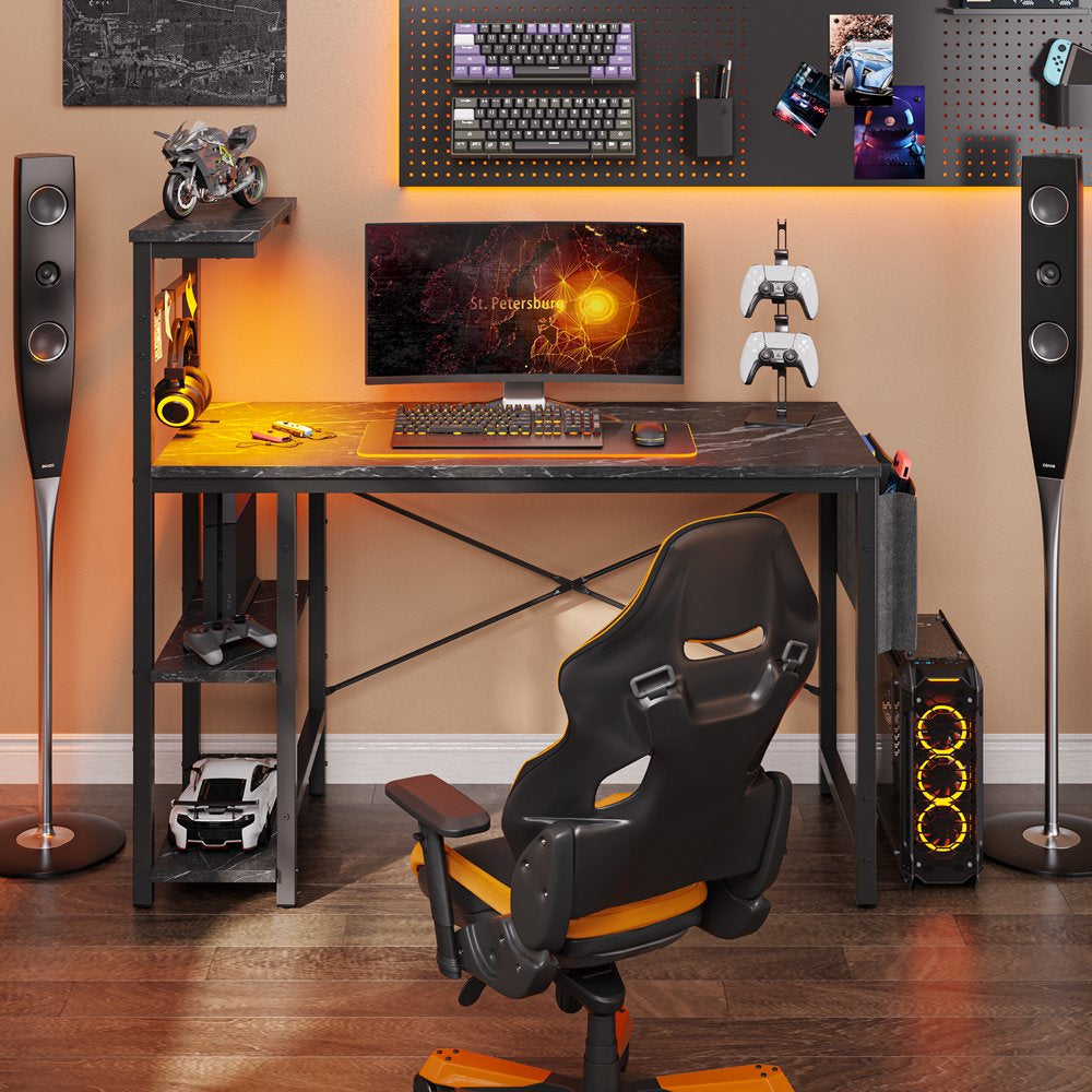 Bestier Reversible 44 Inch Computer Desk with LED Lights Gaming Desk with 4 Tier Shelves Black Marble