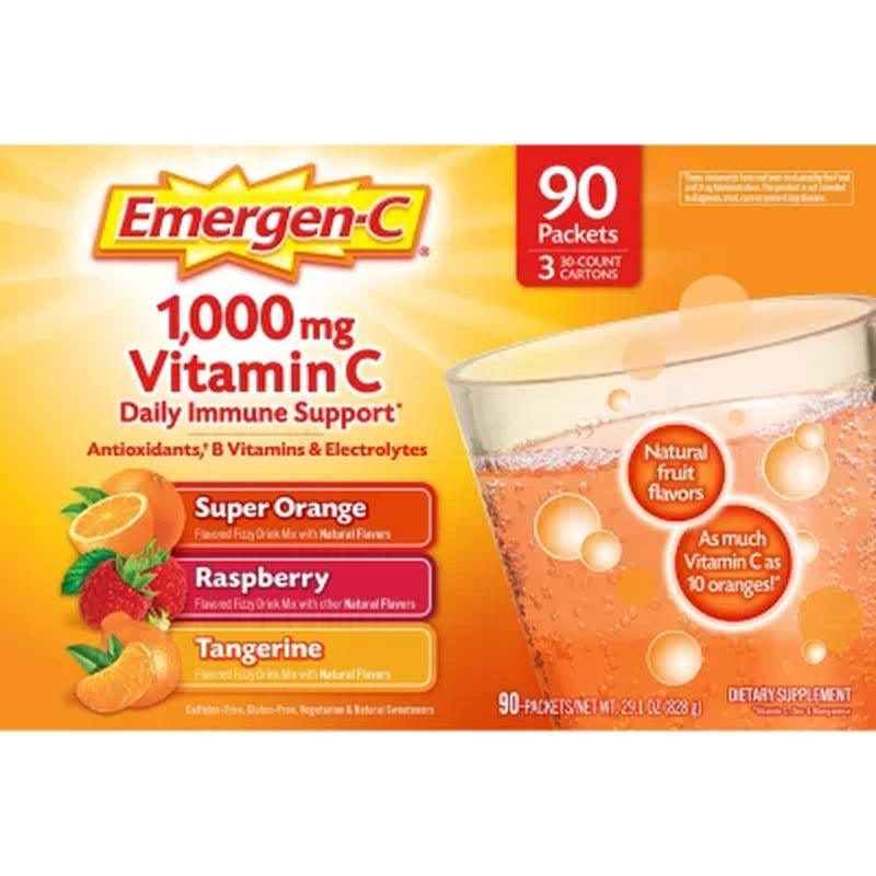 Emergen-C Variety Pack Dietary Supplement Drink Mix with 1000 Mg Vitamin C - Super Orange, Raspberry, and Tangerine (29.1 Oz., 90 Ct.)