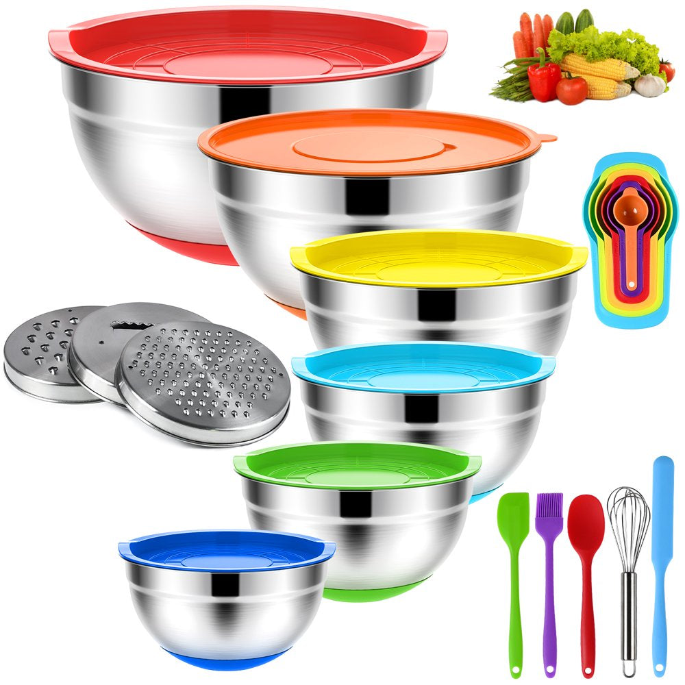 Yucook Mixing Bowls with Lids: 20 Pcs Stainless Steel Mixing Bowls Set with Rubber Bottom, 7, 4, 3.5, 2.5, 2, 1.5QT Metal Mixing Bowls for Kitchen, Multi-Color