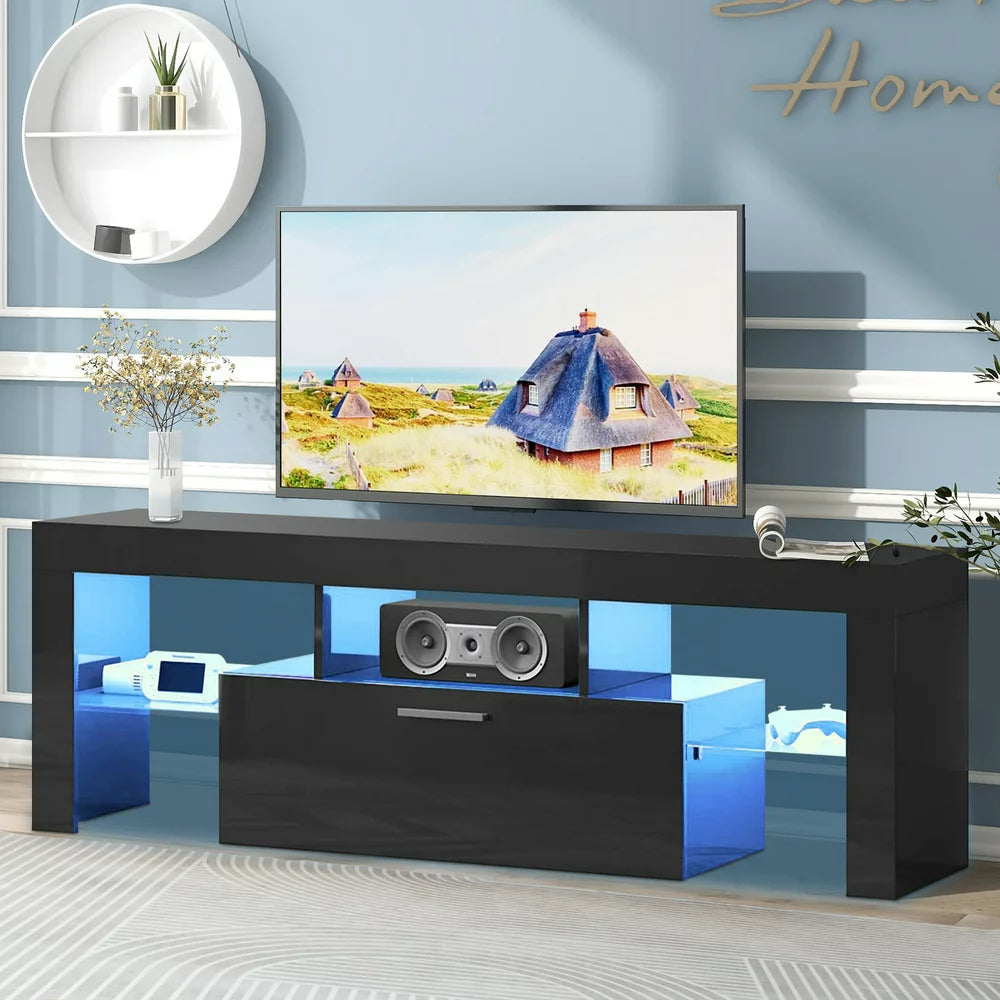 Uhomepro TV Stand for Tvs up to 55", Living Room Entertainment Center with RGB LED Lights and Storage Shelves Furniture, Black High Gloss TV Cabinet Console Table