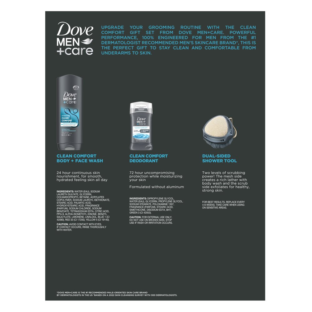 Dove Men+Care Clean Comfort Gift Set for Men, Fresh Face and Body Wash, Deodorant Stick & Shower Tool, 3 Count