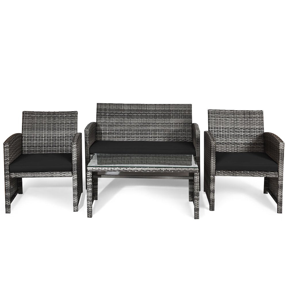 Costway 4PCS Patio Rattan Furniture Set Conversation Glass Table Top Sofa Cushioned, Black