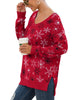 JWD Women'S V-Neck Long Sleeve Side Split Loose Casual Knit Pullover Sweater Blouse FP Snow Red-Small