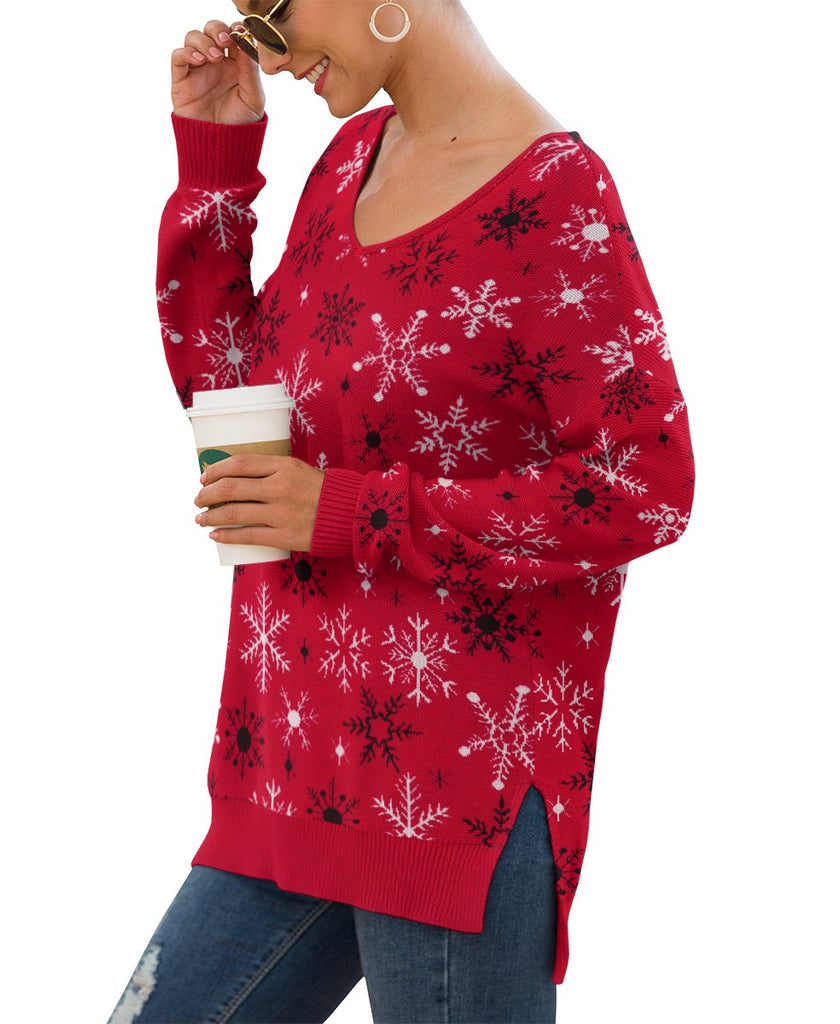 JWD Women'S V-Neck Long Sleeve Side Split Loose Casual Knit Pullover Sweater Blouse FP Snow Red-Small