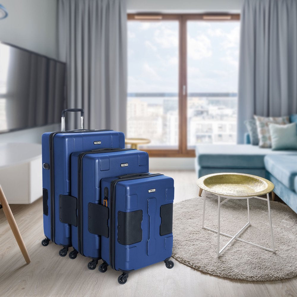 TACH V3 Lightweight 3Pc Hardside Luggage Suitcase Set W/Charge Ports, Blue