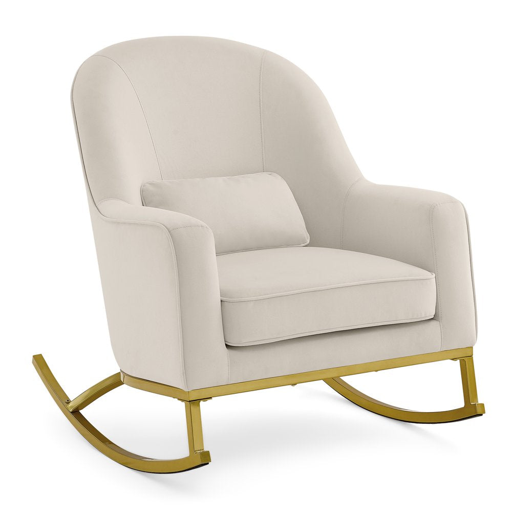 Modrn Glam Velvet Rocking Chair with Lumbar Pillow, Off-White/Satin Brass