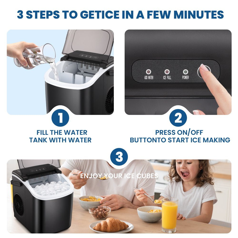 KISSAIR Countertop Ice Maker, Self-Cleaning Portable Ice Maker Machine with Handle, 9 Bullet-Shaped Ice Cubes Ready in 6 Mins, 26Lbs/24H with Ice Scoop and Basket for Home/Kitchen/Party