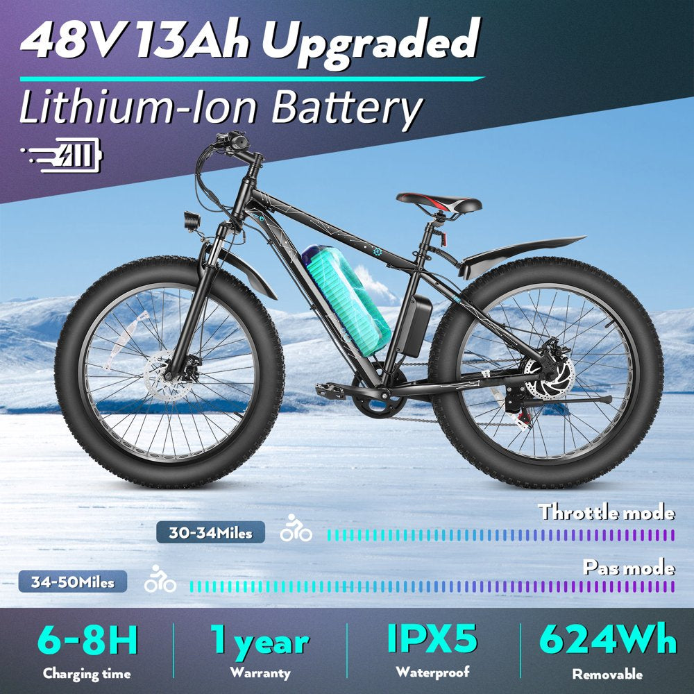 Gocio 26" 4.0 Fat Tire Electric Bike for Adults, 500W Adults E Bike, 48V 13Ah Removable Li-Ion Battery, Professional 7-Speed, Electric Mountain Bicycle Beach Bike Snow Bike Ebike for Men