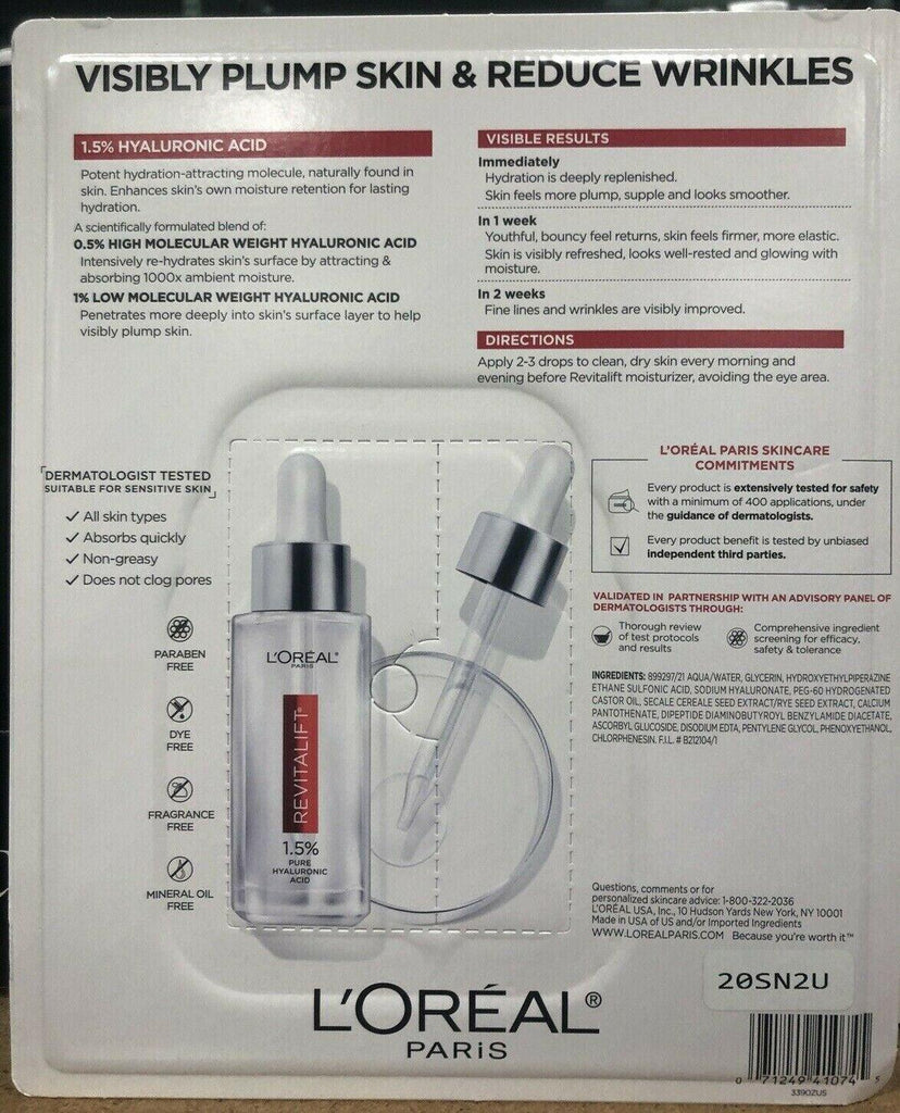 Loreal Revitalift Vidibly Plump Skin & Reduce Wrinkles 1.5% Pure Hyaluronic Acid