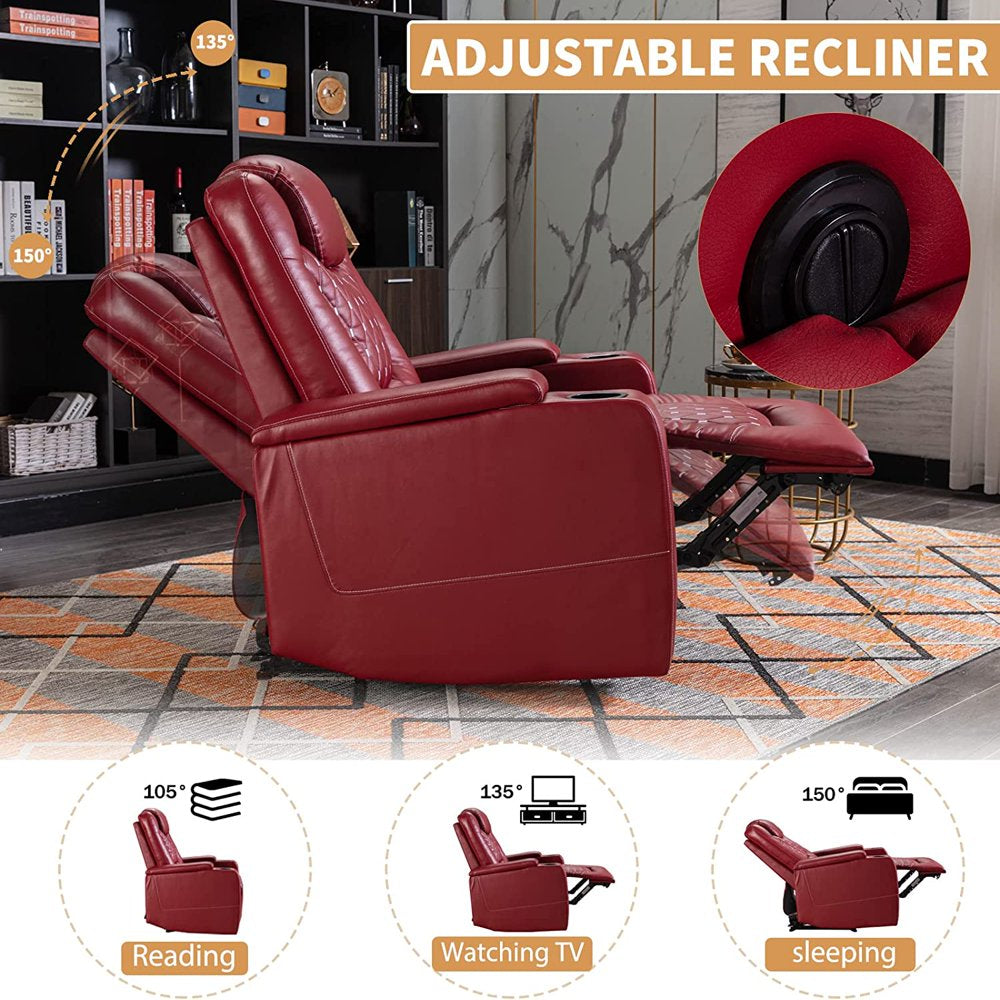 Bonzy Home Power Recliner Chair with USB Ports and Cup Holders - Overstuffed Electric Home Theater Seating PU Leather Reclining Furniture with Hidden Arm Storage (Red)