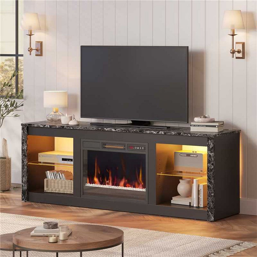 Bestier Modern Electric 7 Color LED Fireplace TV Stand for Tvs up to 70", Black Marble