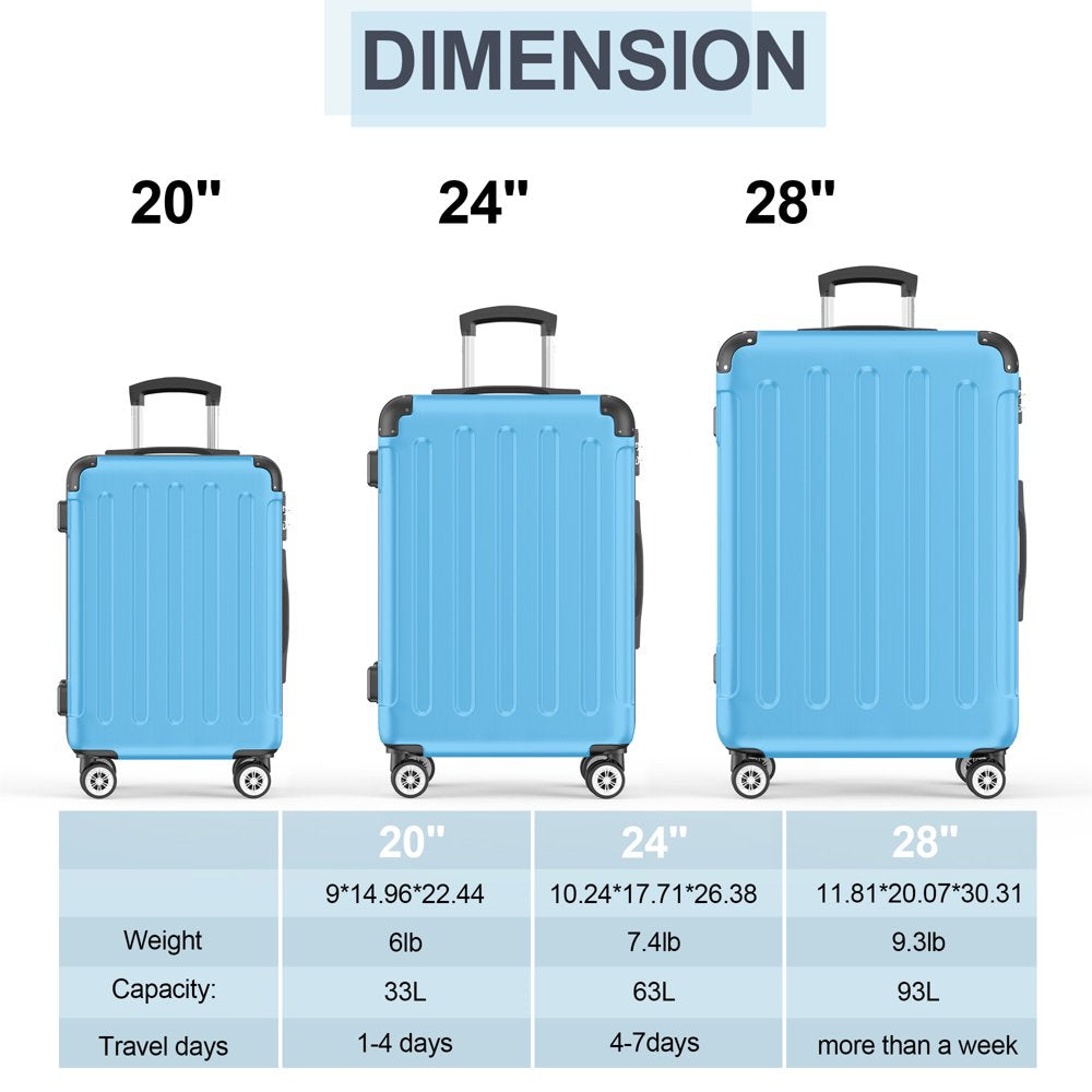 Sunbee 3 Piece Luggage Sets Hardshell Lightweight Suitcase with TSA Lock Spinner Wheels, Light Blue