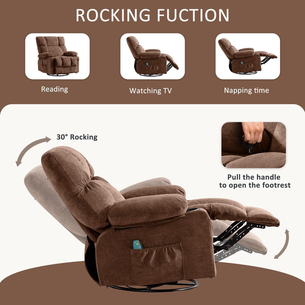 JONPONY Massage Rocker Recliner Chair with Vibration Massage and Heat Ergonomic Lounge Chair for Living Room with Rocking Function and Side Pocket, 2 Cup Holders, USB Charge Port,Brown