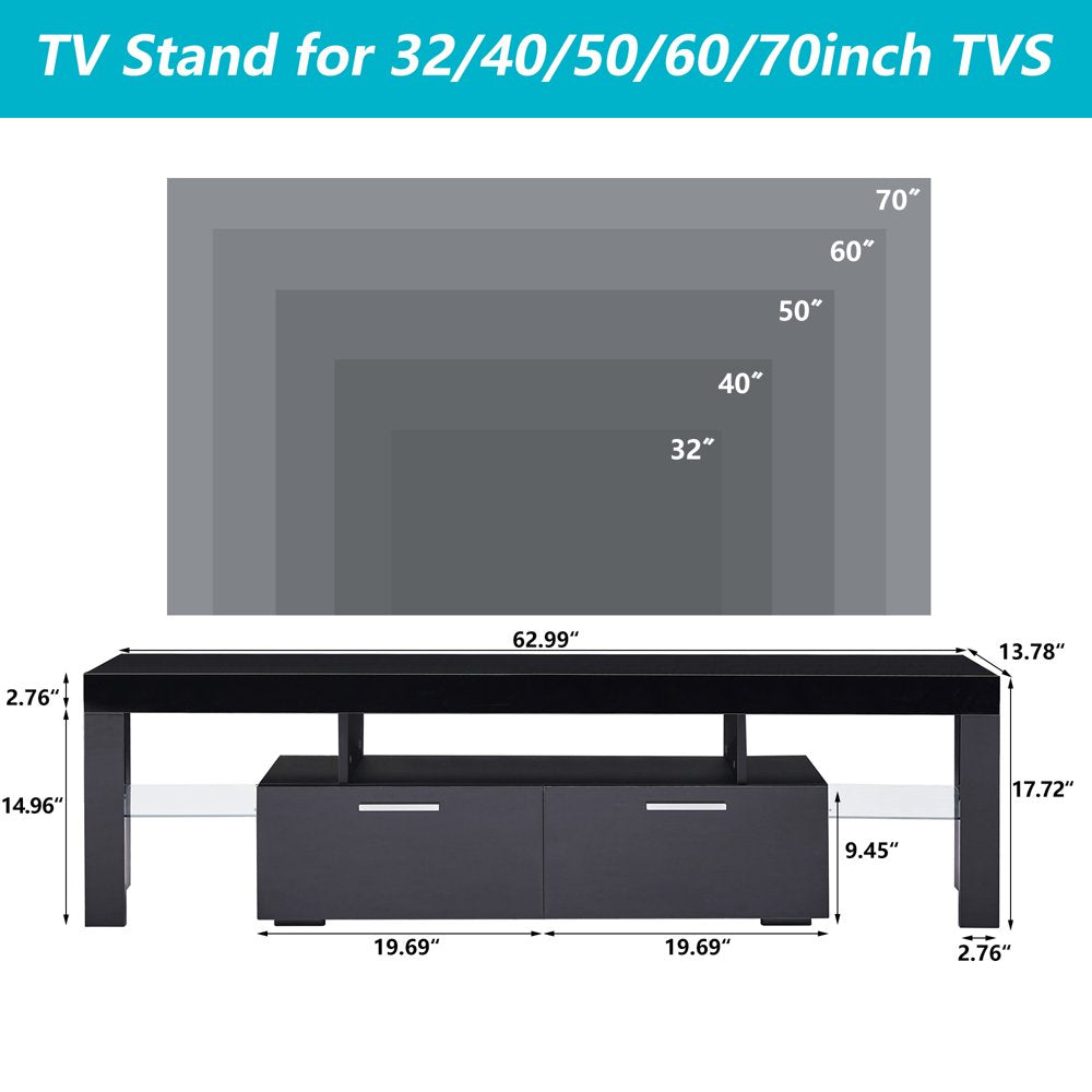 Uhomepro TV Stand for Tvs up to 70", Living Room Entertainment Center with RGB LED Lights and Storage Shelves Furniture, Black High Gloss TV Cabinet Console Table, Quick Assemble