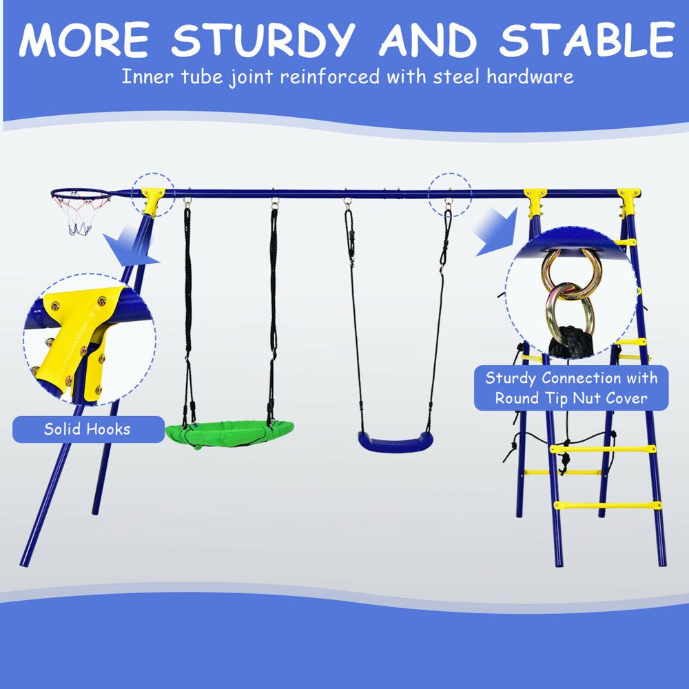 Gymax 5-In-1 Kids Swing Set for Outdoor W/ Heavy Duty Frame Basketball Hoop & Climbing Ladder