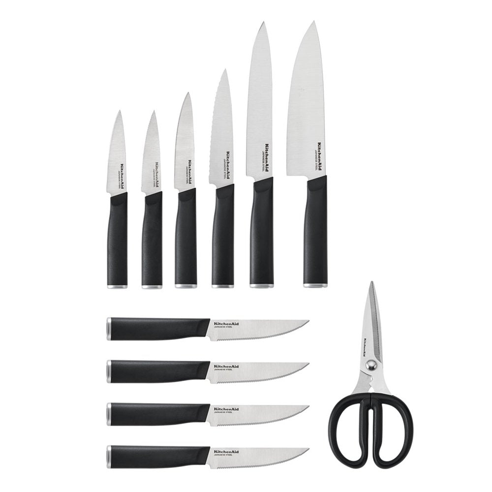 Kitchenaid Classic Japanese Steel 12-Piece Knife Block Set with Built-In Knife Sharpener, Black