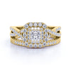 Square Diamond - Double Halo - Twisted Band - Vintage Inspired - Pave - Wedding Ring Set in 10K Yellow Gold