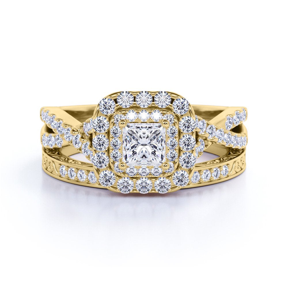 Square Diamond - Double Halo - Twisted Band - Vintage Inspired - Pave - Wedding Ring Set in 10K Yellow Gold