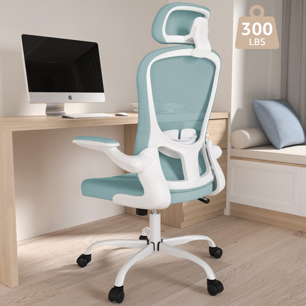 Lioncin Office Chair, High Back Ergonomic Desk Chair, Breathable Mesh Desk Chair with Adjustable Lumbar Support and Headrest, Swivel Task Chair with Flip-Up Armrests,Light Blue