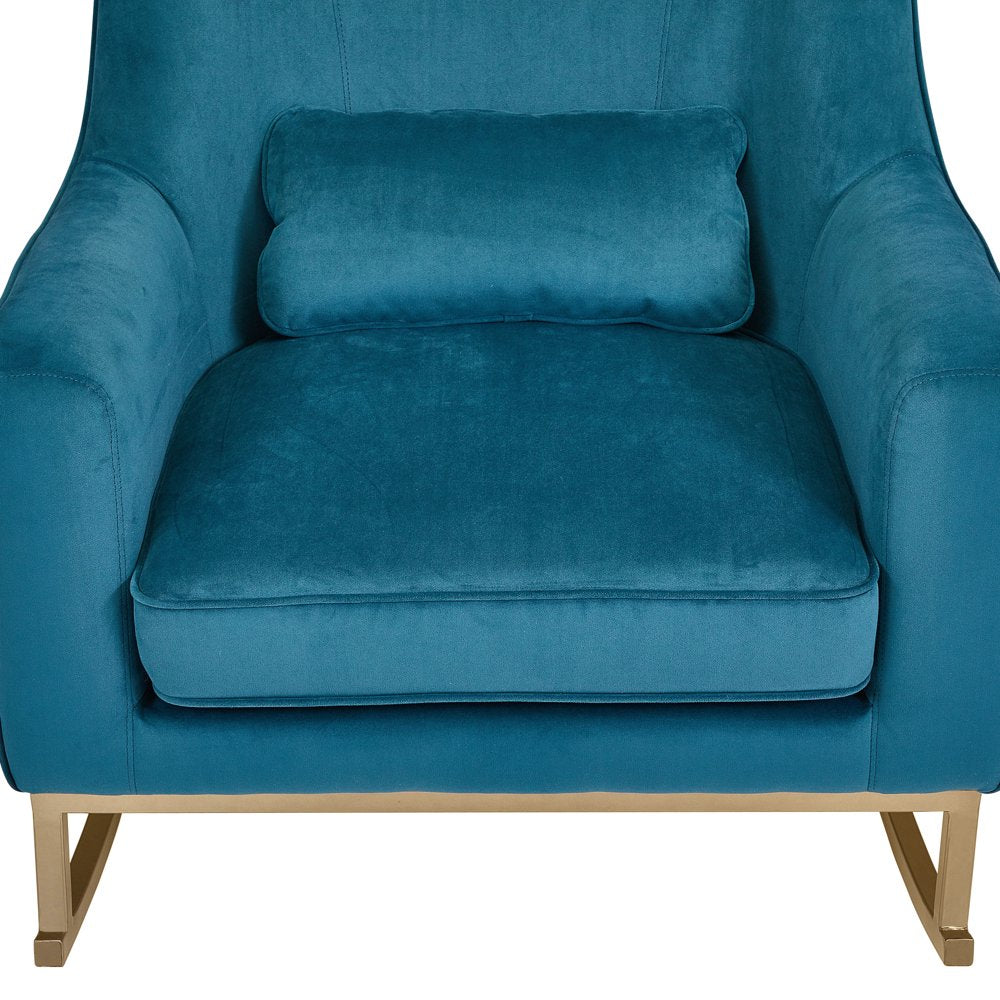 Modrn Glam Velvet Rocking Chair with Lumbar Pillow, Teal/Satin Brass