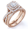 Square Diamond - Double Halo - Twisted Band - Vintage Inspired - Pave - Wedding Ring Set in 10K Rose Gold