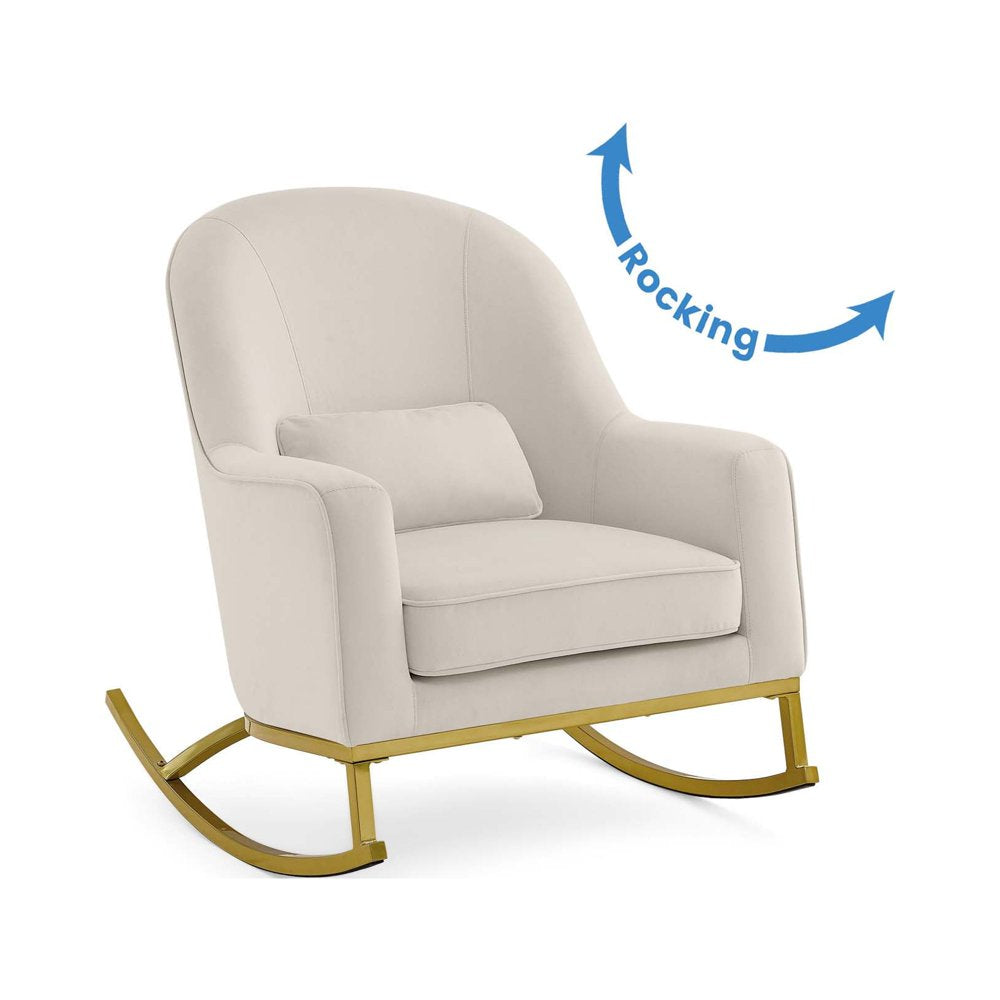 Modrn Glam Velvet Rocking Chair with Lumbar Pillow, Off-White/Satin Brass