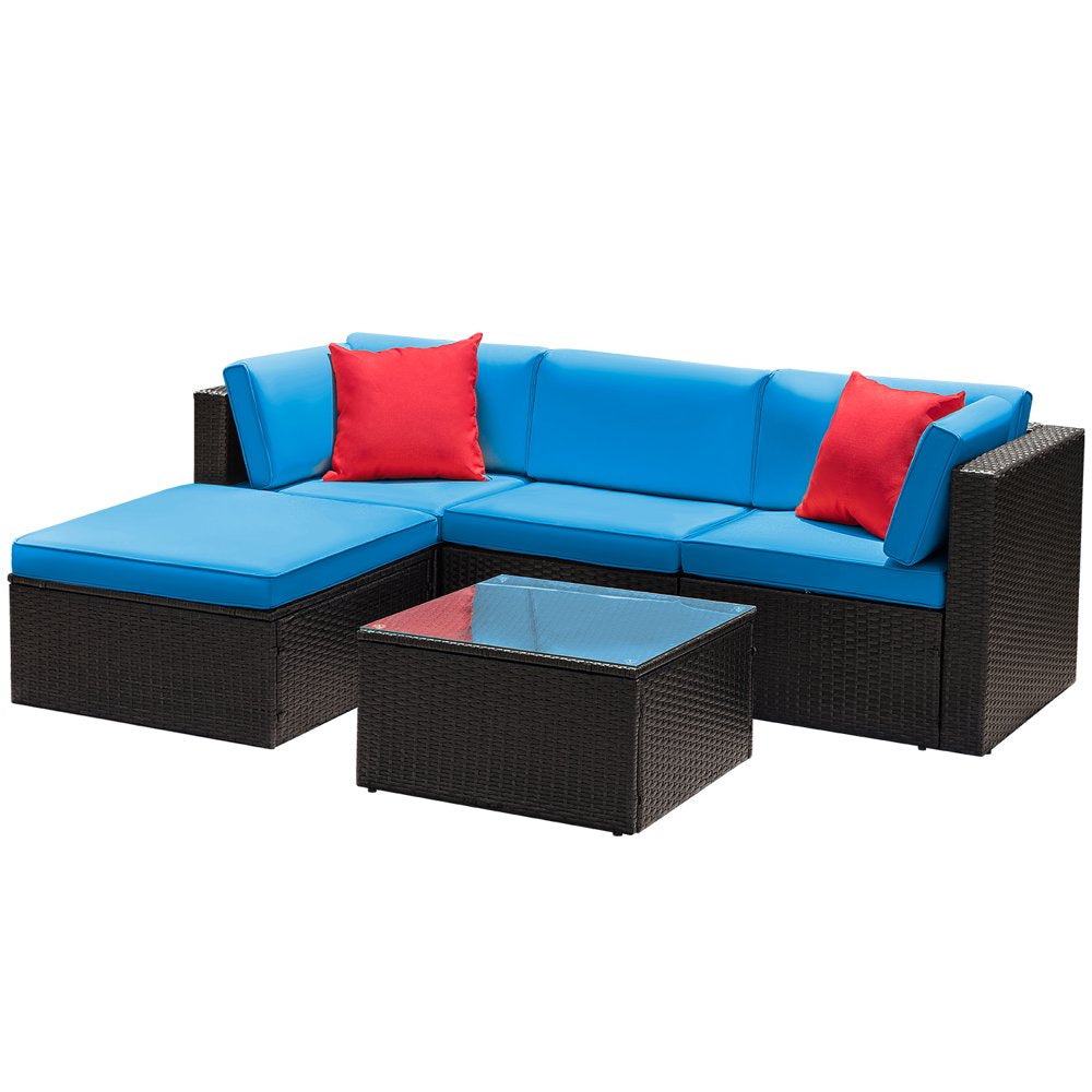 LACOO 5 Pieces Patio Sectional Set PE Rattan All-Weather Conversation Set with Table Blue 83" L X 55" W X 25" H