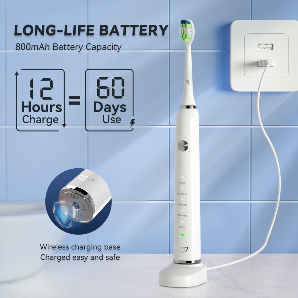 JTF Sonic Rechargeable Electric Toothbrush for Adults, Power Toothbrush with Smart Timer & 5 Modes, White