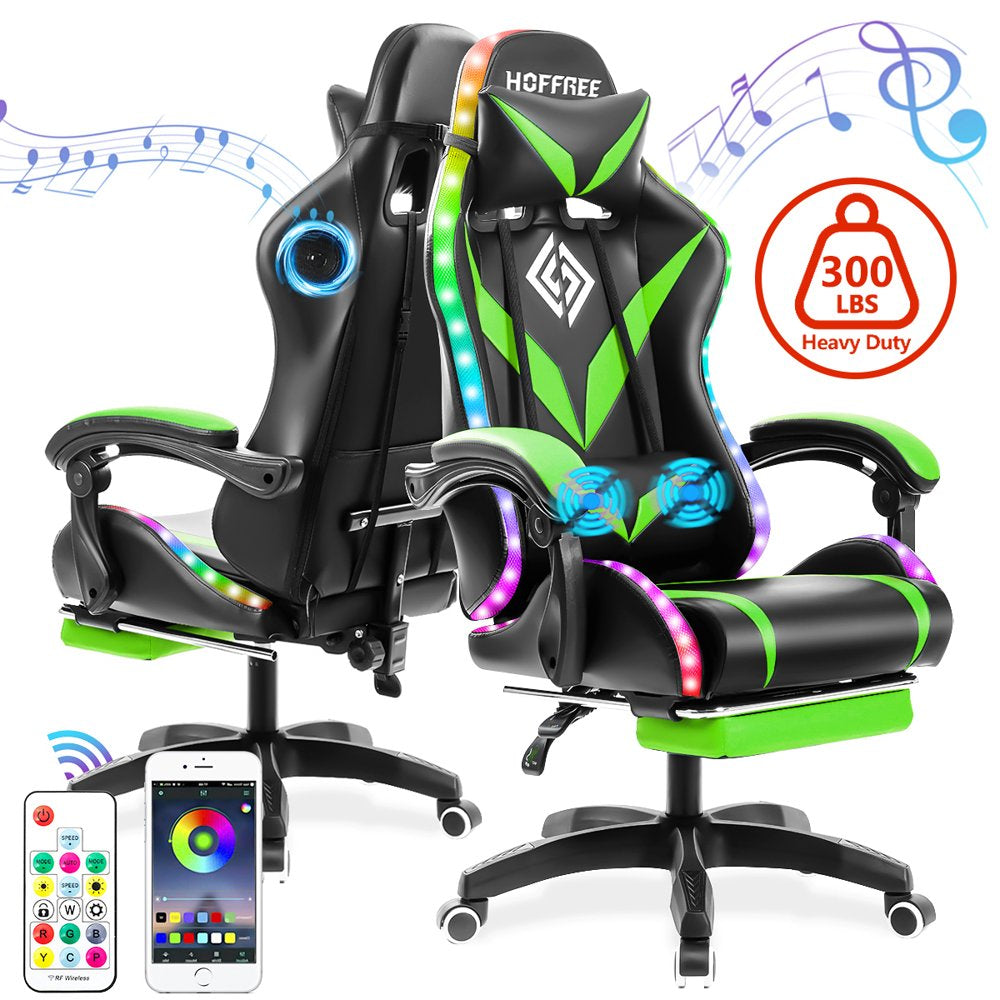 Hoffree Gaming Chair with Bluetooth Speakers Office Chair with Footrest and LED Lights Ergonomic Gaming Chairs High Back with Lumbar Support and Headrest Adjustable Swivel for Home Office,300Lb