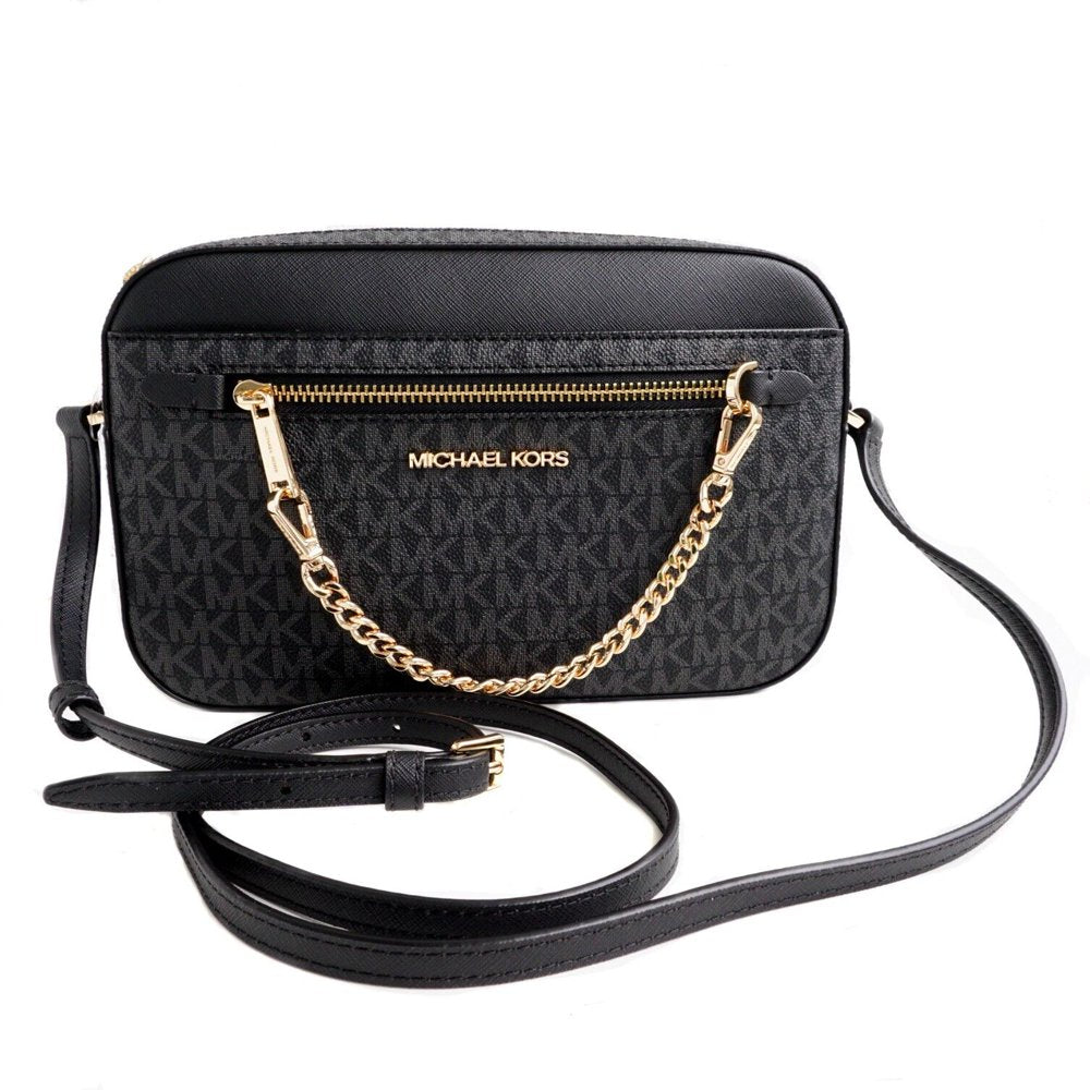 Michael Kors Womens Jet Set Large Leather Crossbody Bag Black/Gold 35S1GTTC9B-001