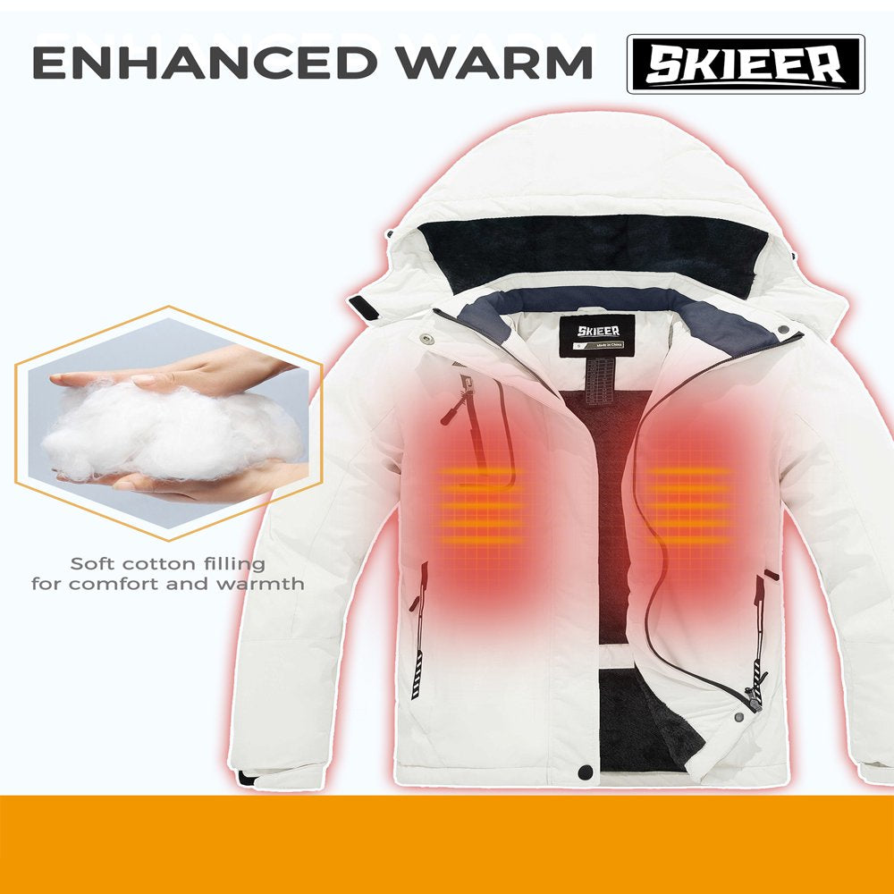 Skieer Women'S Waterproof Ski Jacket Windproof Rain Jacket Winter Warm Hooded Coat White Medium