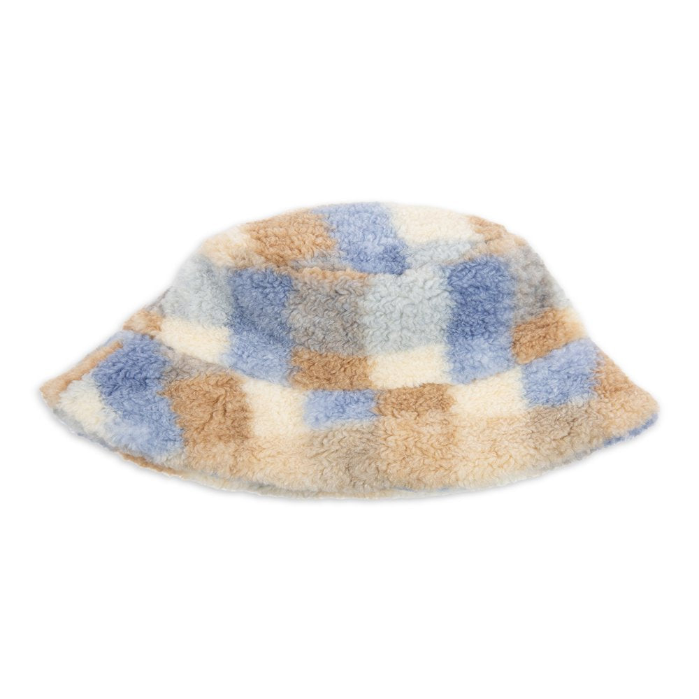 Time and Tru Teddy Sherpa Bucket Hat Plaid Pattern Neutral Color One Size