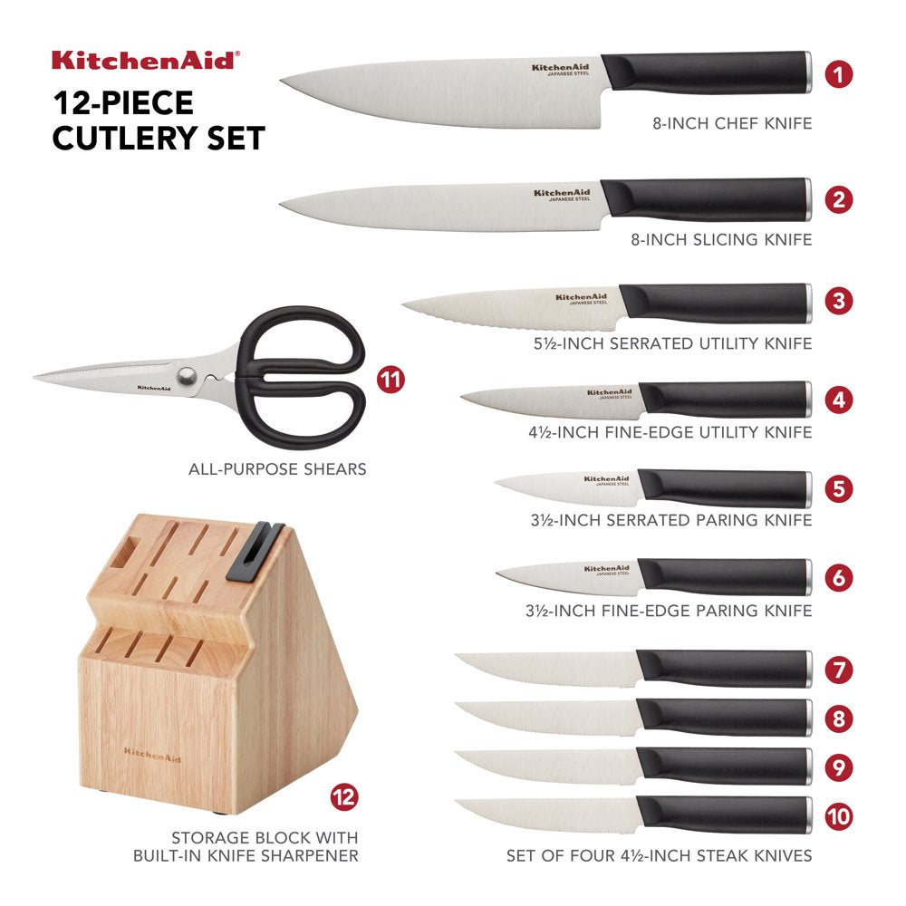 Kitchenaid Classic Japanese Steel 12-Piece Knife Block Set with Built-In Knife Sharpener, Black