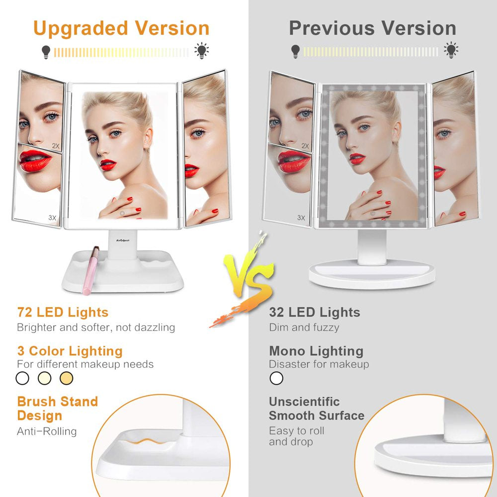 Airexpect 3 Color Lighted 1X 2X 3X Magnification 72LED Lights Touch Control Dual Power Supply Portable Cosmetic Vanity Makeup Mirror, White