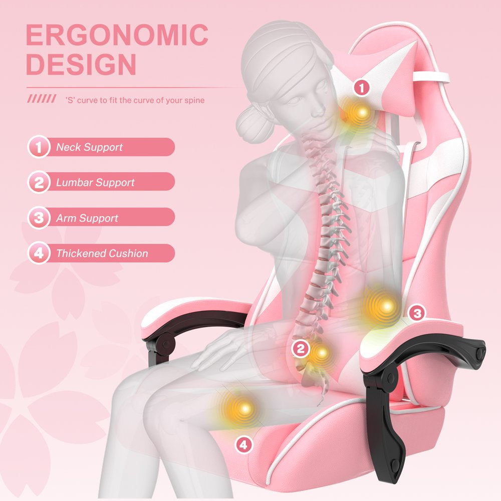 Soontrans Pink Gaming Chair Office Chair with Footrest, High Back Computer Chair with Headrest & Massage Lumbar Support, Ergonomic PU Leather Game Gamer Chairs with Cute Bunny Ears, Pink and White