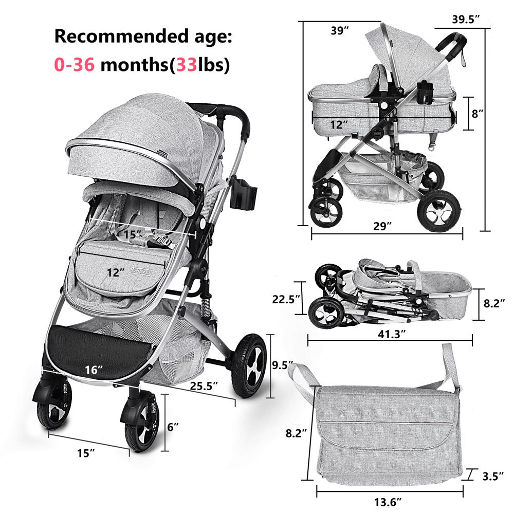 Kinder King 2 in 1 Convertible Baby Stroller, Folding Infant Newborn Reversible Bassinet Pram, Light Grey