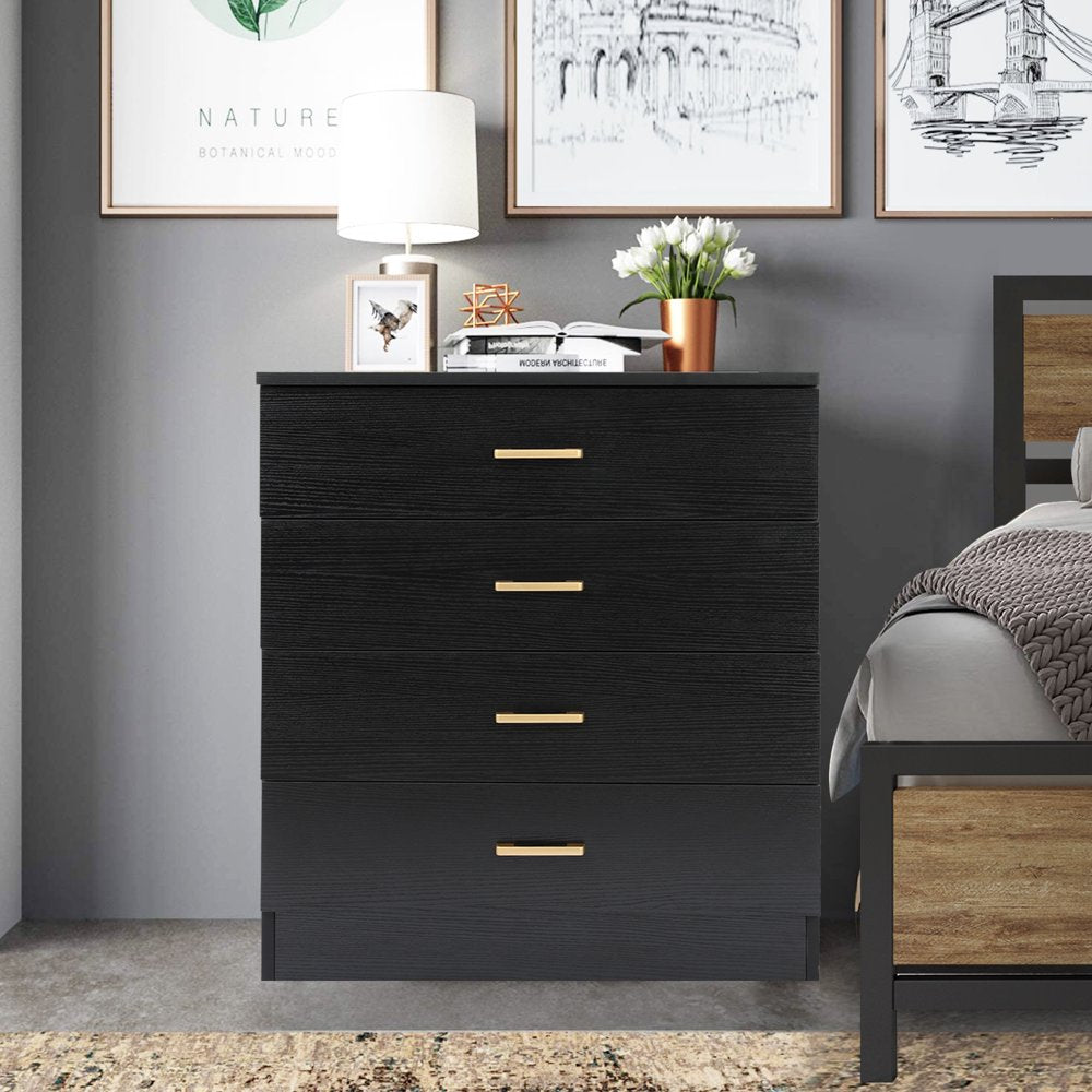 Dressers for Bedroom, Heavy Duty 4-Drawer Wood Chest of Drawers, Modern Storage Bedroom Chest for Kids Room, Black Vertical Storage Cabinet for Bathroom, Closet, Entryway, Hallway, Nursery, L2027