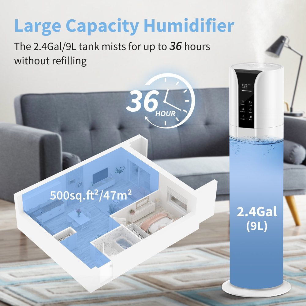 Sejoy Humidifiers for Room Bedroom Home, 9L 2.4Gal Cool Mist Tower Top Fill Large Humidifier with Essential Oils,Whole House Floor Humidifiers for Baby Pets Plants,With Remote,360° Nozzle,White