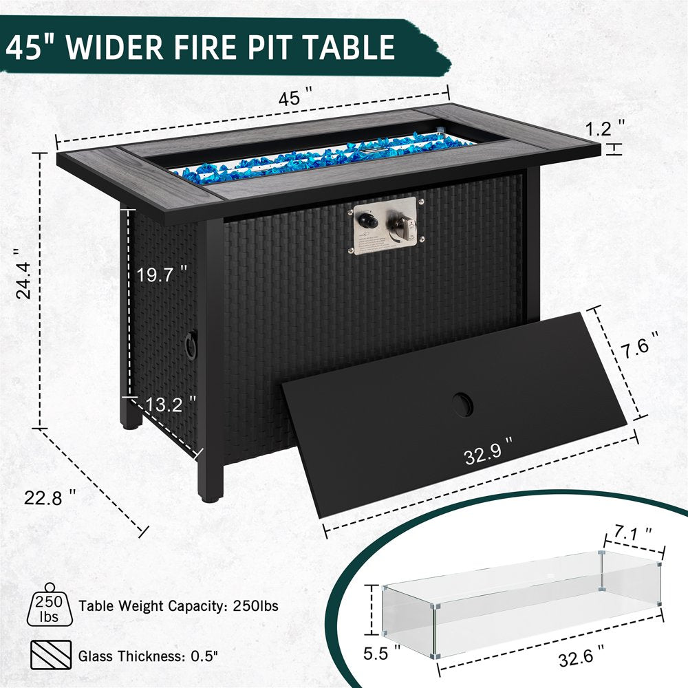 Walsunny 45" Propane Fire Pit Table 50,000 BTU Steel Gas Fire Pit with Lid and Lava Rock Rectangular